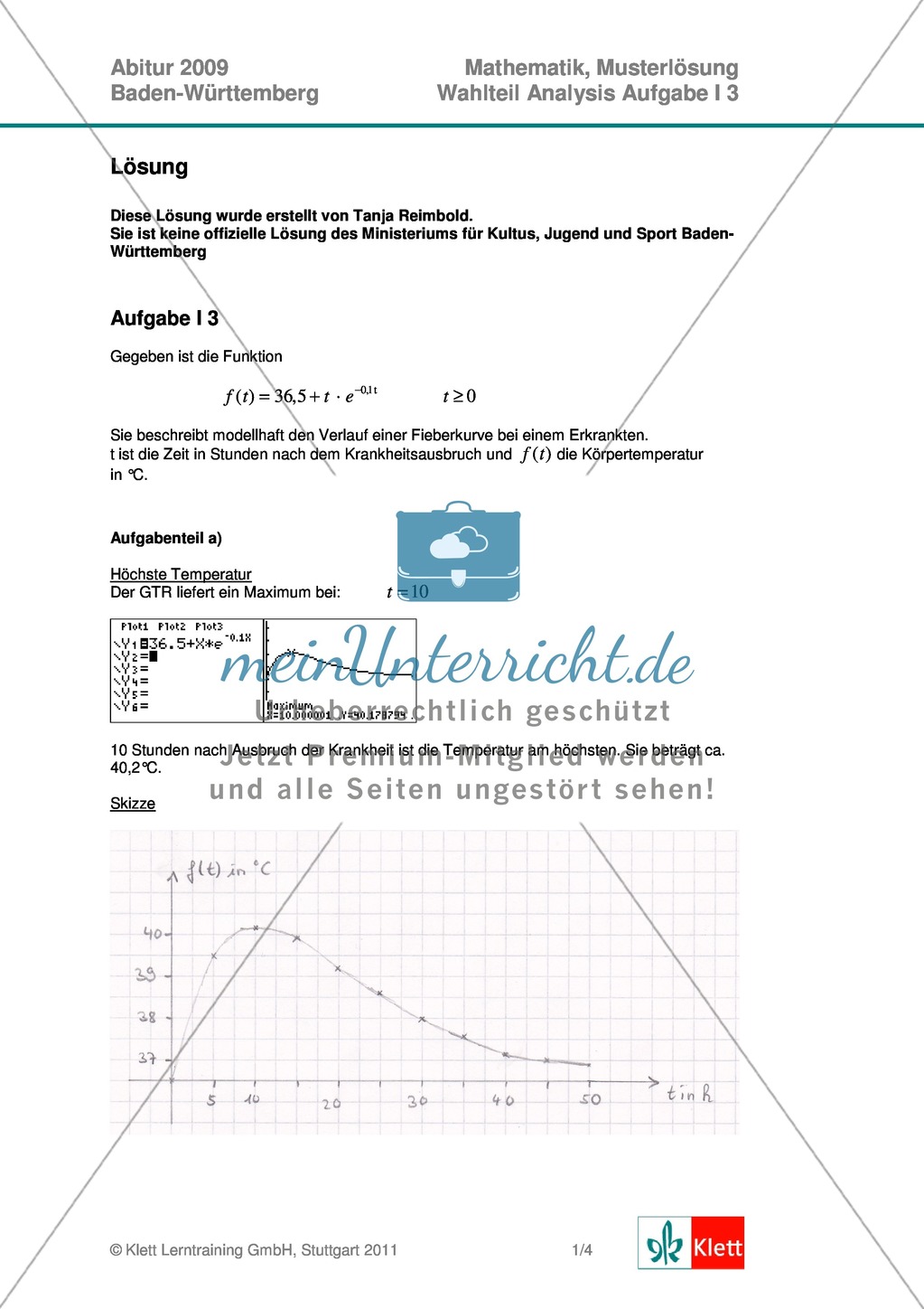 Abituraufgaben Baden-Württemberg 2009 - Mathematik Wahlteil III - 3 Aufgaben und deren Musterlösungen zum Thema Analysis. Preview 2