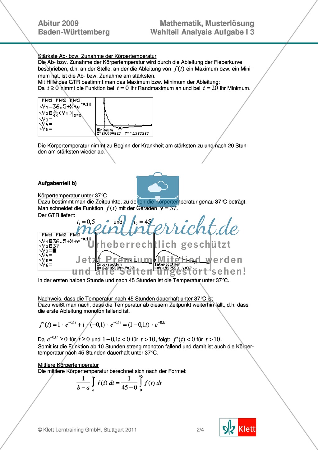 Abituraufgaben Baden-Württemberg 2009 - Mathematik Wahlteil III - 3 Aufgaben und deren Musterlösungen zum Thema Analysis. Preview 3
