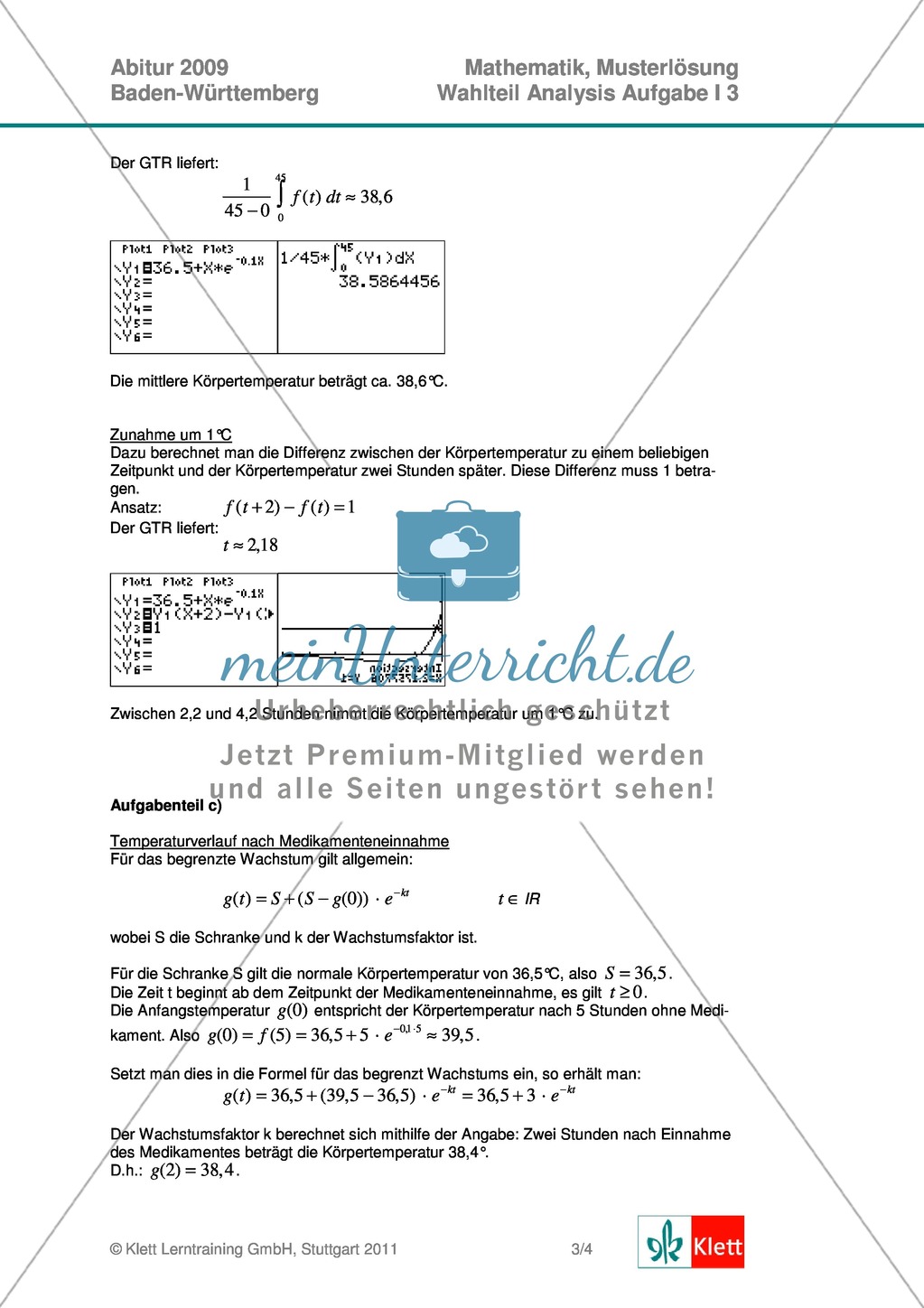 Abituraufgaben Baden-Württemberg 2009 - Mathematik Wahlteil III - 3 Aufgaben und deren Musterlösungen zum Thema Analysis. Preview 4