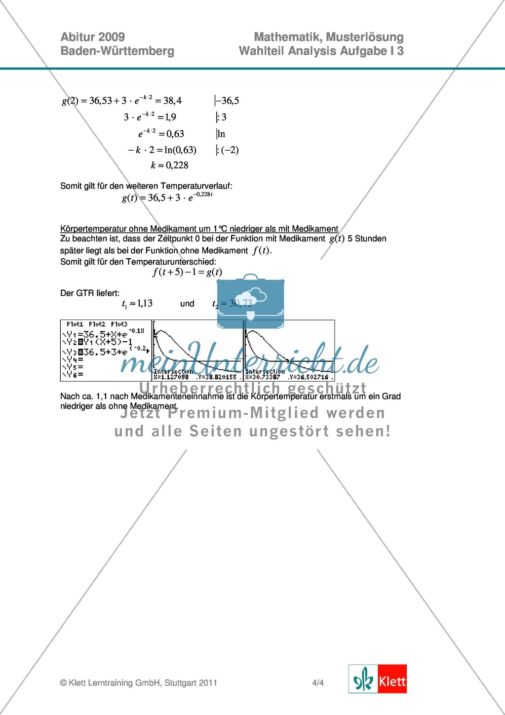 Abituraufgaben Baden-Württemberg 2009 - Mathematik Wahlteil III - 3 Aufgaben und deren Musterlösungen zum Thema Analysis. Preview 5