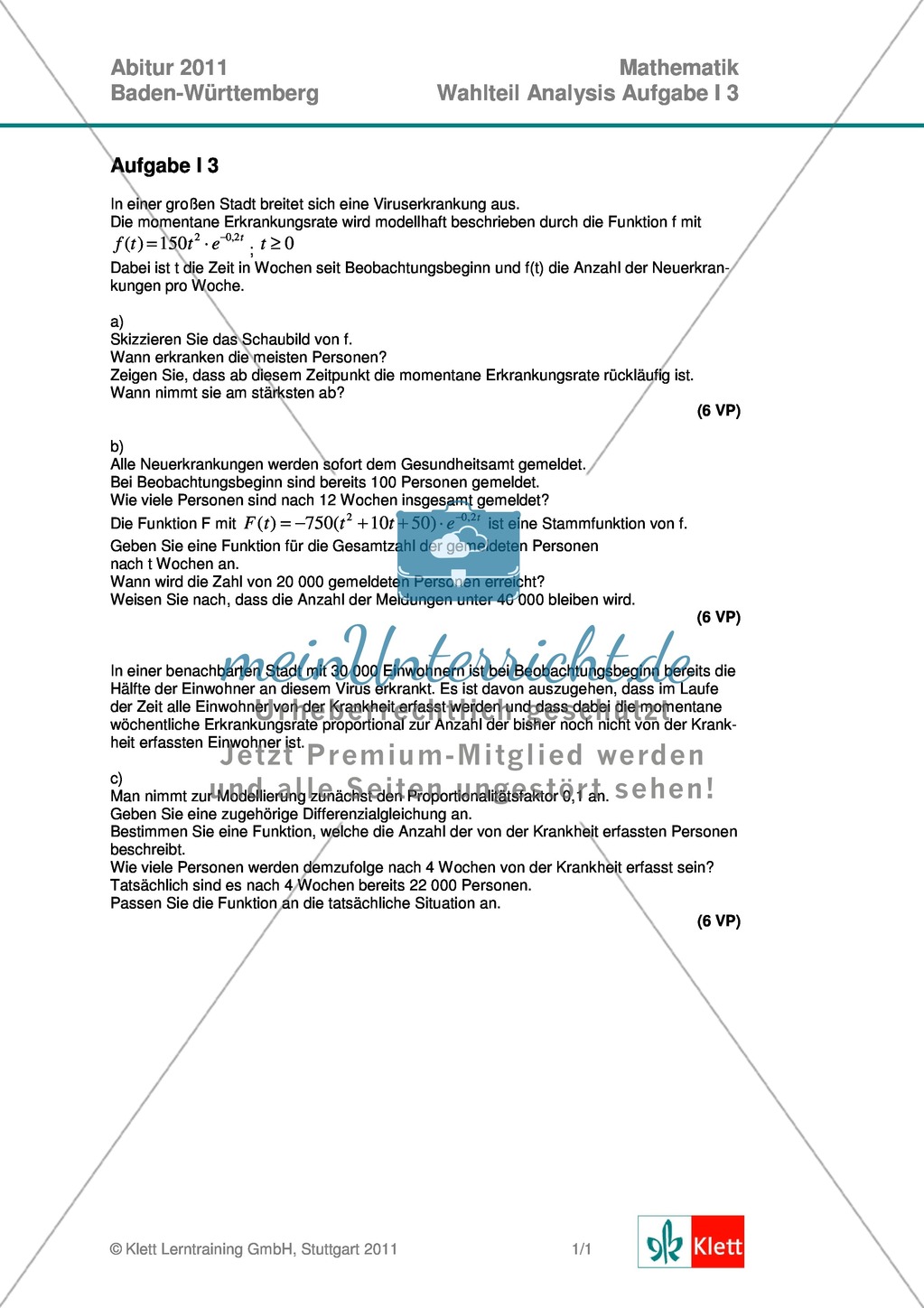 Abituraufgaben Baden-Württemberg 2011 - Mathematik Wahlteil III - 3 Aufgaben und deren Musterlösungen zum Thema Analysis. Preview 1