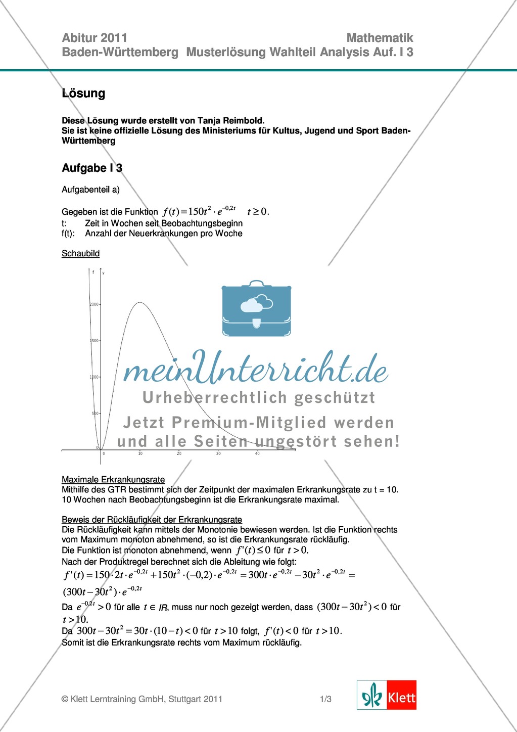 Abituraufgaben Baden-Württemberg 2011 - Mathematik Wahlteil III - 3 Aufgaben und deren Musterlösungen zum Thema Analysis. Preview 2
