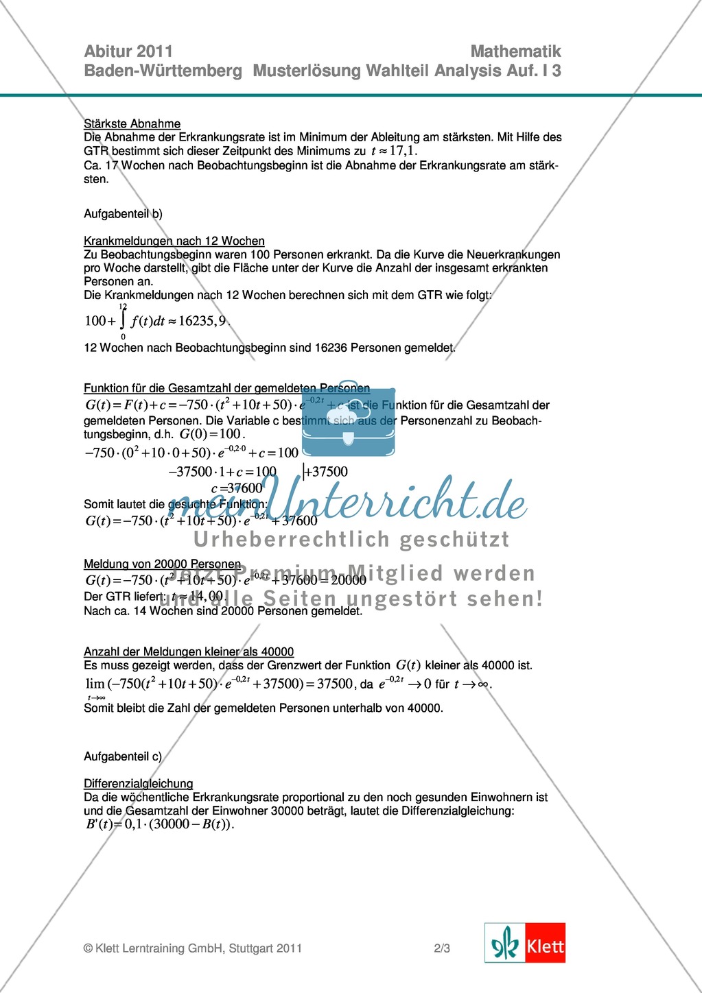 Abituraufgaben Baden-Württemberg 2011 - Mathematik Wahlteil III - 3 Aufgaben und deren Musterlösungen zum Thema Analysis. Preview 3