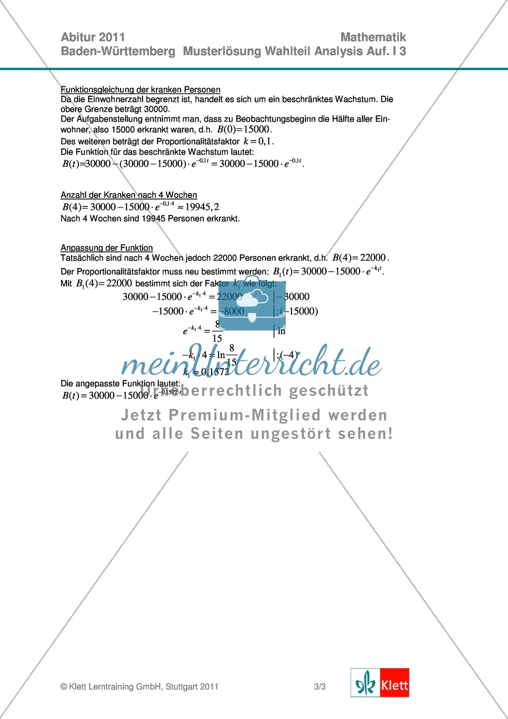 Abituraufgaben Baden-Württemberg 2011 - Mathematik Wahlteil III - 3 Aufgaben und deren Musterlösungen zum Thema Analysis. Preview 4