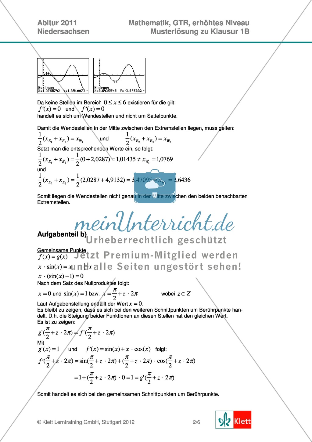 Abituraufgaben Niedersachsen 2011 - Mathematikaufgaben (1B) und deren Musterlösungen zum Thema Analysis auf erhöhtem Niveau. Preview 4