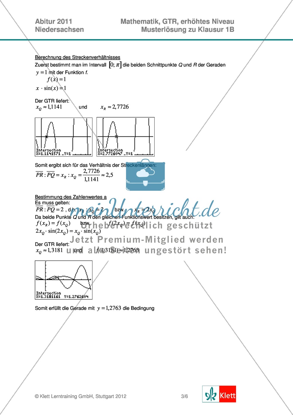 Abituraufgaben Niedersachsen 2011 - Mathematikaufgaben (1B) und deren Musterlösungen zum Thema Analysis auf erhöhtem Niveau. Preview 5