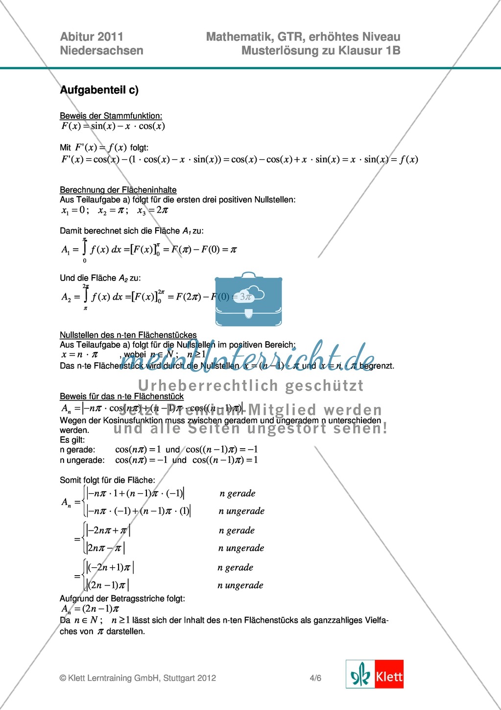 Abituraufgaben Niedersachsen 2011 - Mathematikaufgaben (1B) und deren Musterlösungen zum Thema Analysis auf erhöhtem Niveau. Preview 6
