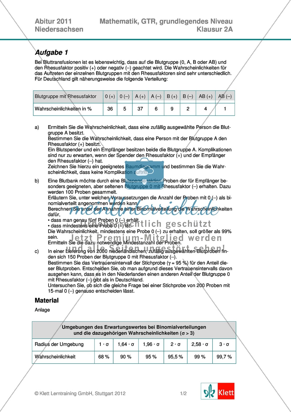 Abituraufgaben Niedersachsen 2011 - Mathematikaufgaben (2A) und deren Musterlösungen zu den Themen Stochastik und Analytische Geometrie auf grundlegendem Niveau. Preview 1