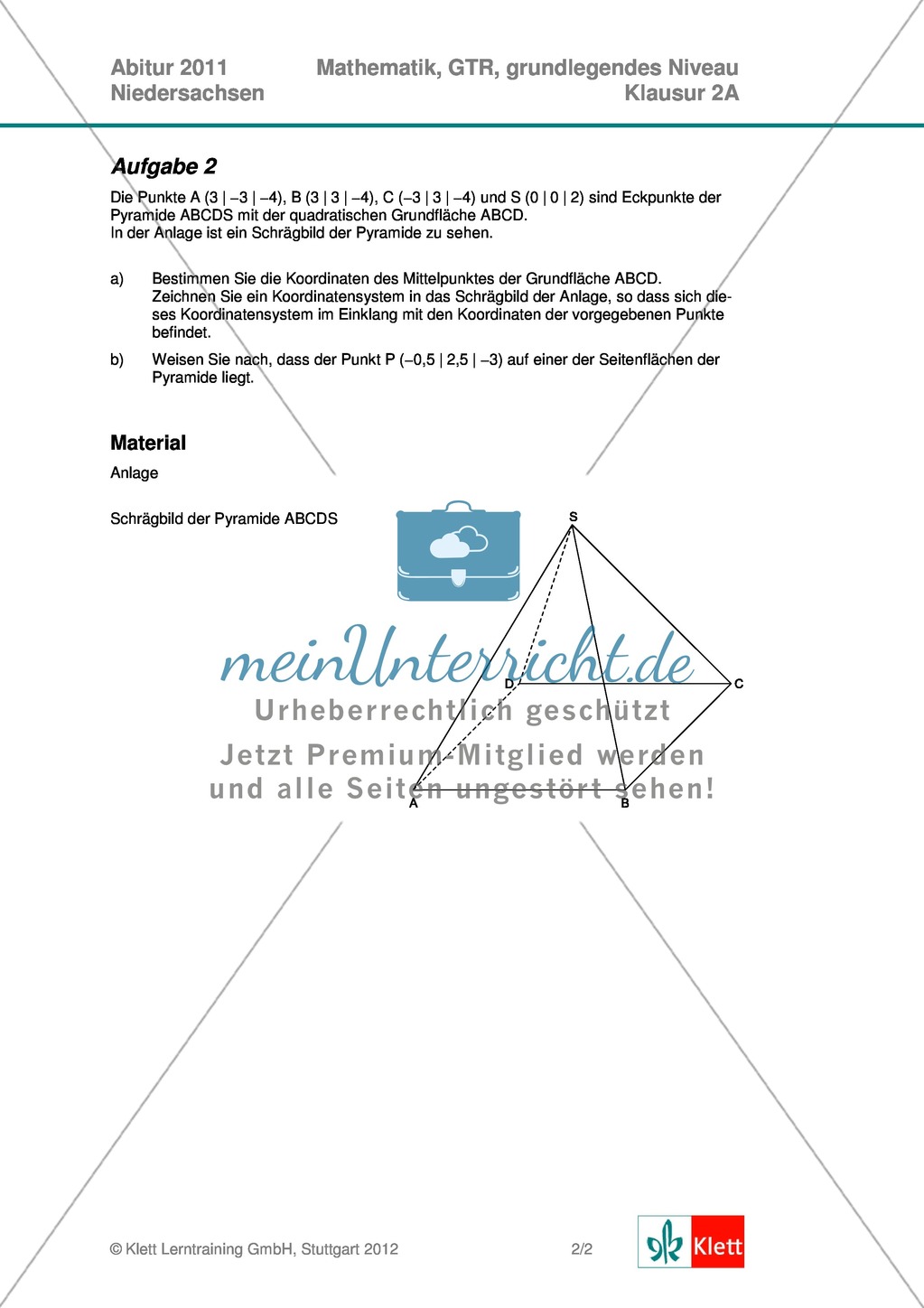 Abituraufgaben Niedersachsen 2011 - Mathematikaufgaben (2A) und deren Musterlösungen zu den Themen Stochastik und Analytische Geometrie auf grundlegendem Niveau. Preview 2