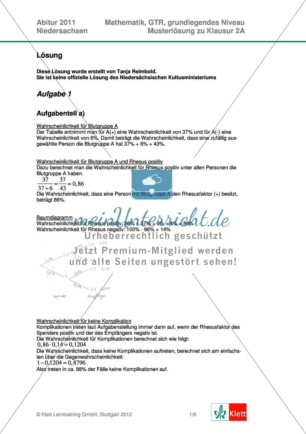 Abituraufgaben Niedersachsen 2011 - Mathematikaufgaben (2A) und deren Musterlösungen zu den Themen Stochastik und Analytische Geometrie auf grundlegendem Niveau. Preview 3