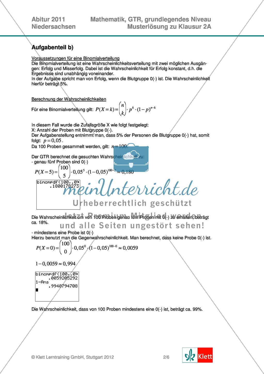 Abituraufgaben Niedersachsen 2011 - Mathematikaufgaben (2A) und deren Musterlösungen zu den Themen Stochastik und Analytische Geometrie auf grundlegendem Niveau. Preview 4