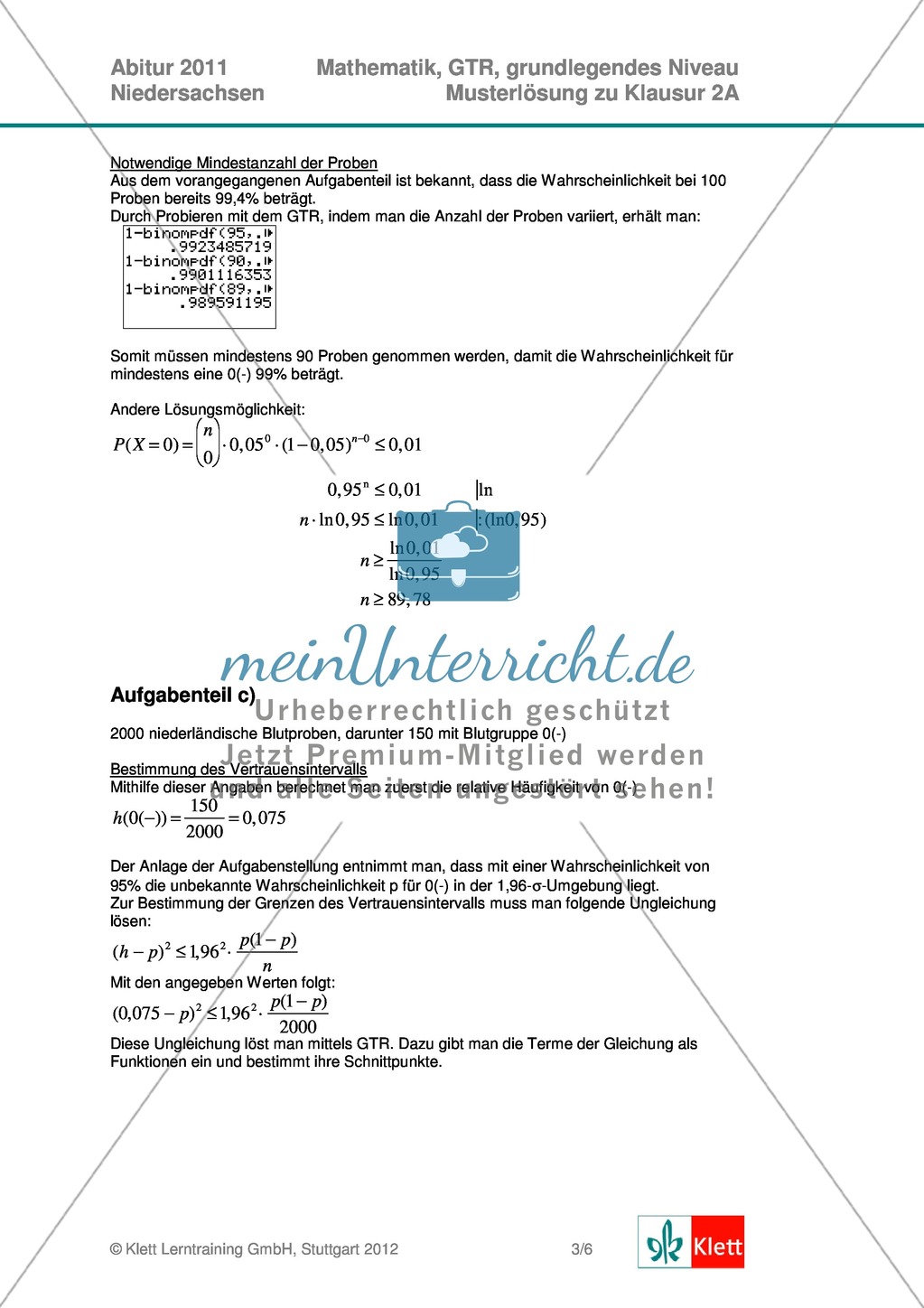 Abituraufgaben Niedersachsen 2011 - Mathematikaufgaben (2A) und deren Musterlösungen zu den Themen Stochastik und Analytische Geometrie auf grundlegendem Niveau. Preview 5