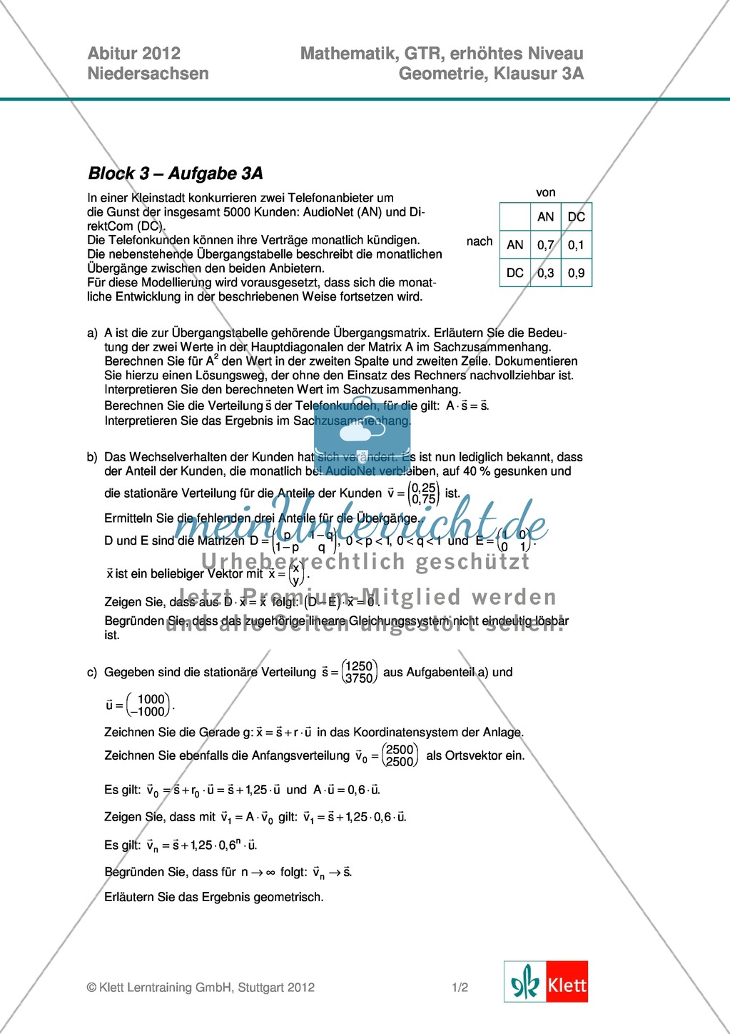 Abituraufgaben Niedersachsen 2012 - Mathematikaufgaben (3A) und deren Musterlösungen zum Thema Geometrie auf erhöhtem Niveau Preview 1