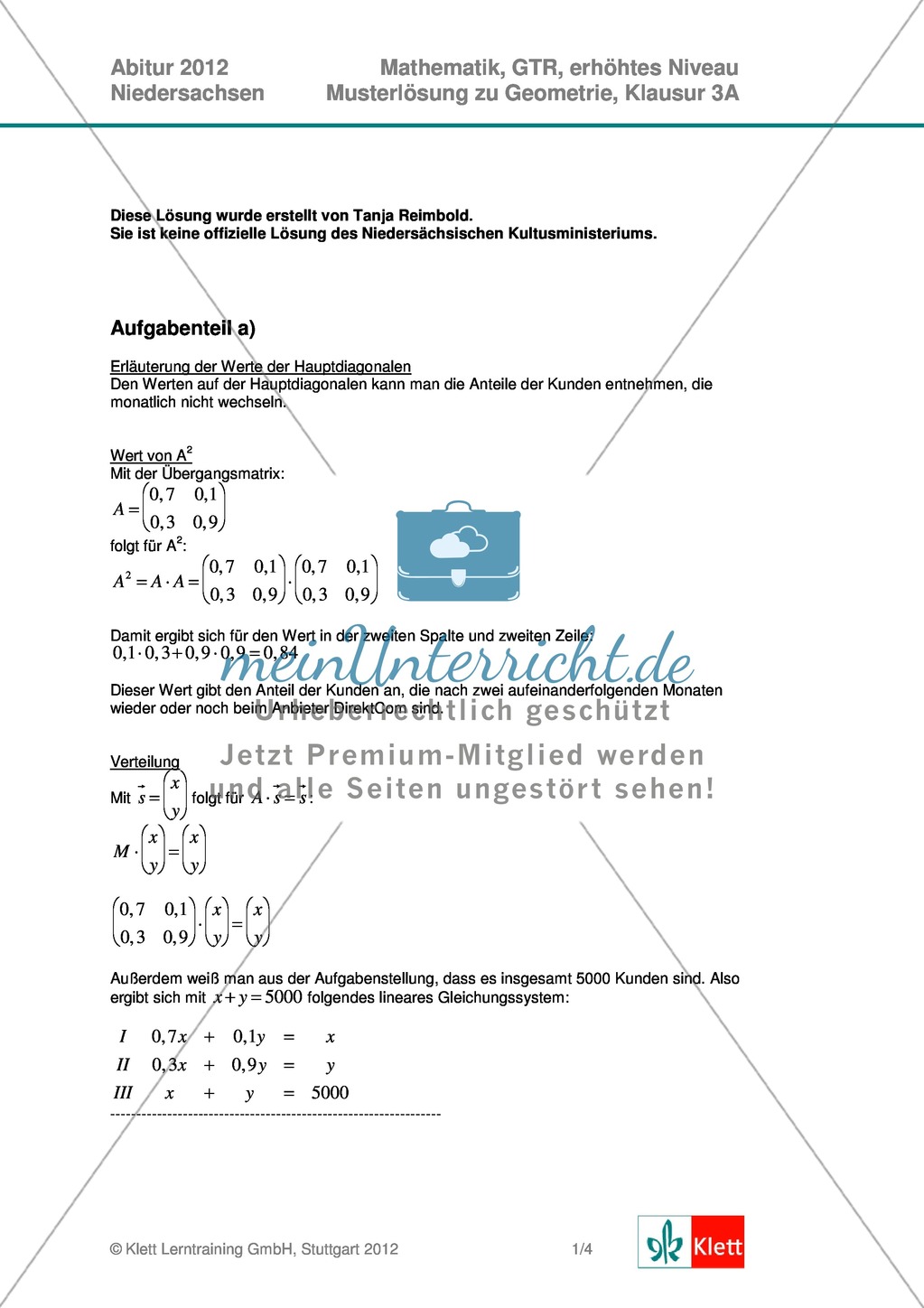 Abituraufgaben Niedersachsen 2012 - Mathematikaufgaben (3A) und deren Musterlösungen zum Thema Geometrie auf erhöhtem Niveau Preview 3