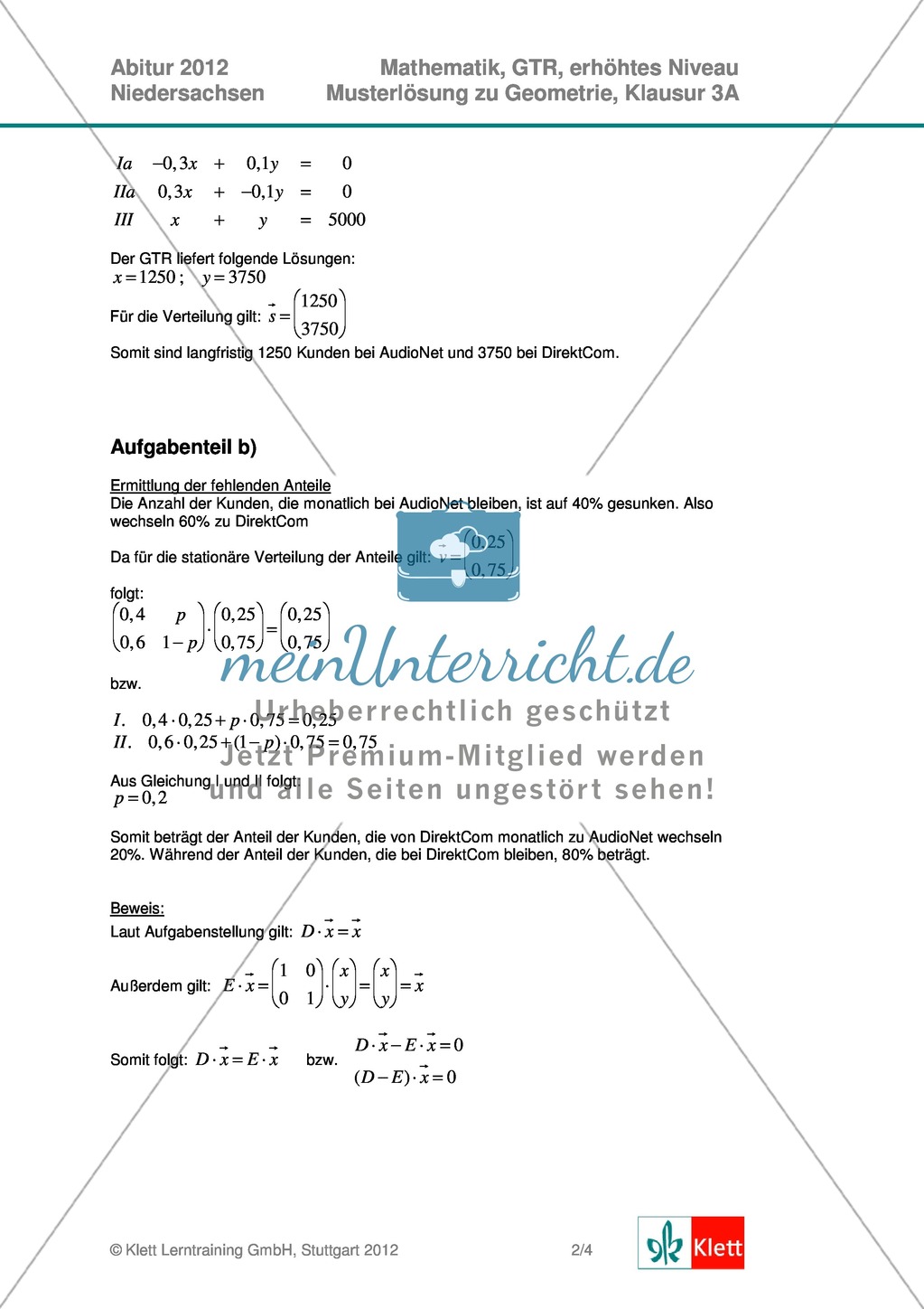 Abituraufgaben Niedersachsen 2012 - Mathematikaufgaben (3A) und deren Musterlösungen zum Thema Geometrie auf erhöhtem Niveau Preview 4