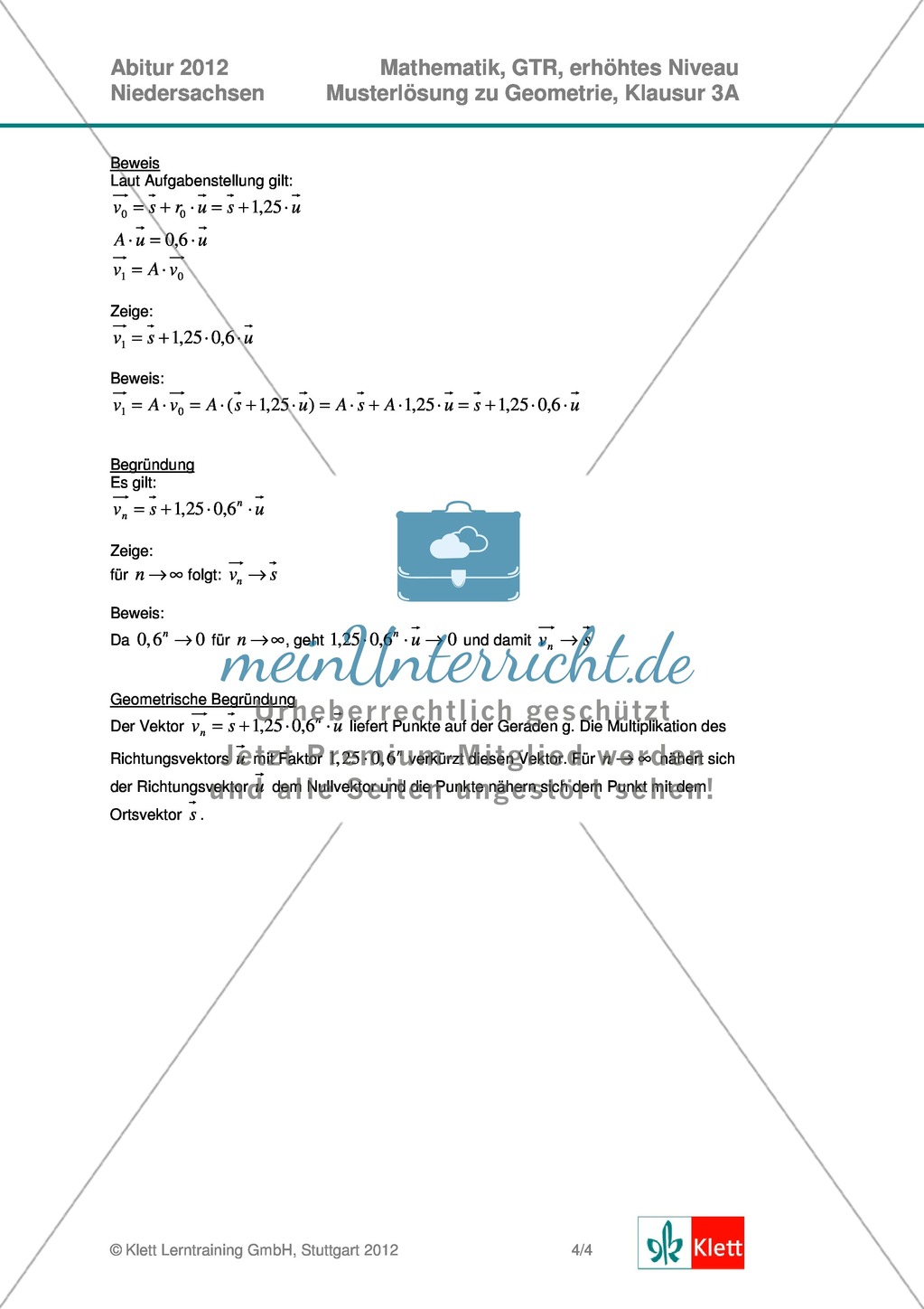 Abituraufgaben Niedersachsen 2012 - Mathematikaufgaben (3A) und deren Musterlösungen zum Thema Geometrie auf erhöhtem Niveau Preview 6