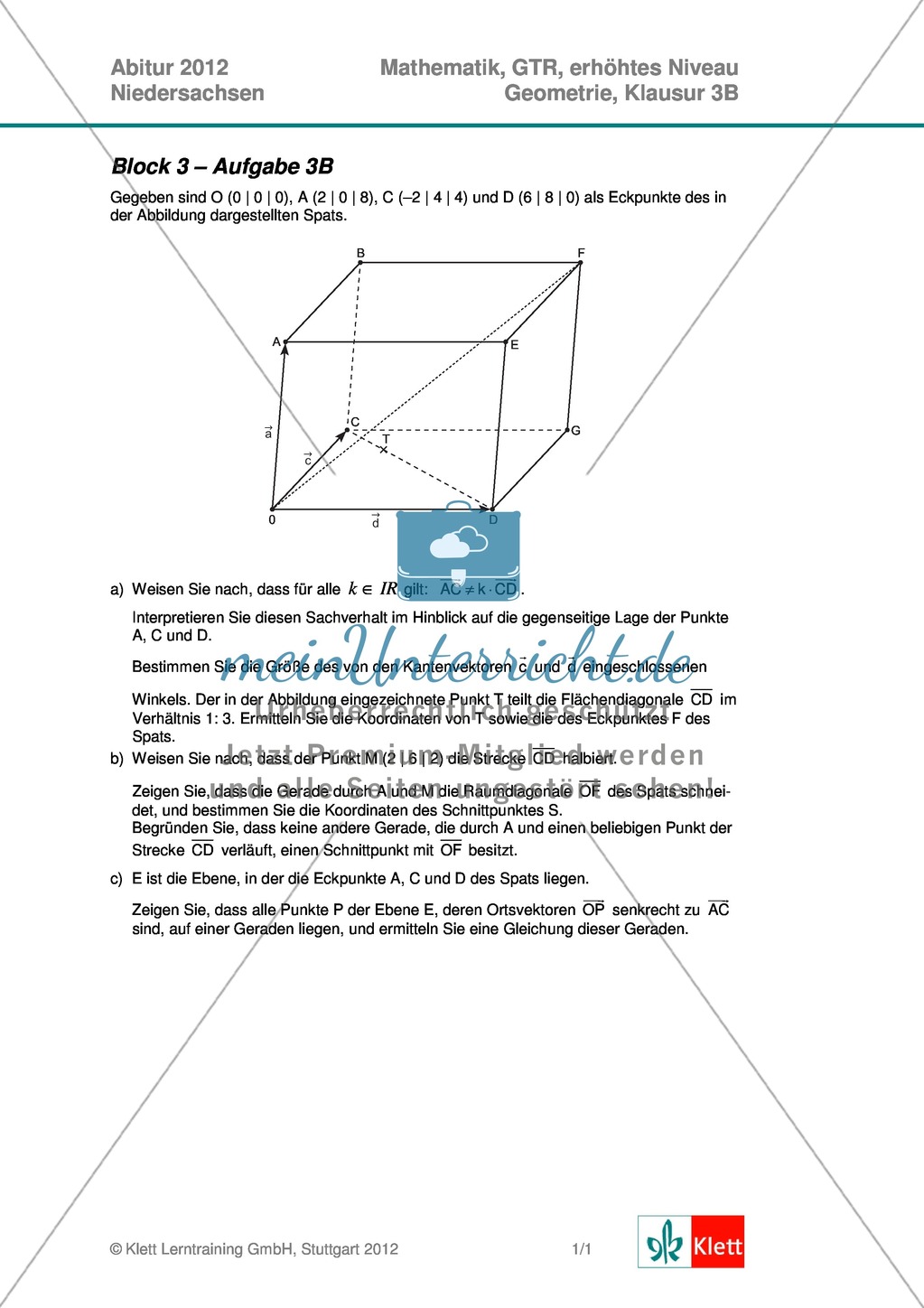 Abituraufgaben Niedersachsen 2012 - Mathematikaufgaben (3B) und deren Musterlösungen zum Thema Geometrie auf erhöhtem Niveau Preview 1