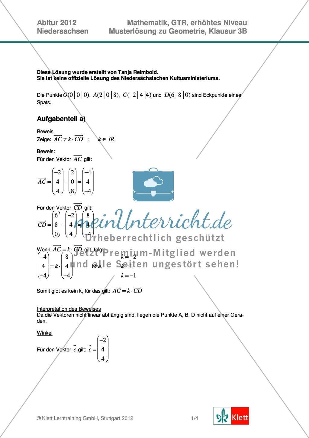 Abituraufgaben Niedersachsen 2012 - Mathematikaufgaben (3B) und deren Musterlösungen zum Thema Geometrie auf erhöhtem Niveau Preview 2