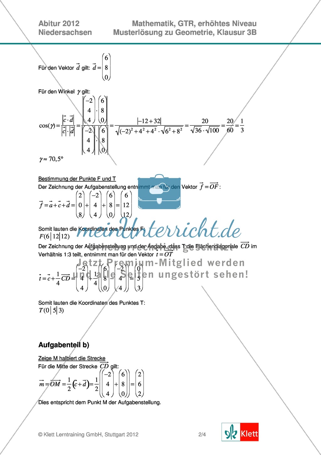 Abituraufgaben Niedersachsen 2012 - Mathematikaufgaben (3B) und deren Musterlösungen zum Thema Geometrie auf erhöhtem Niveau Preview 3