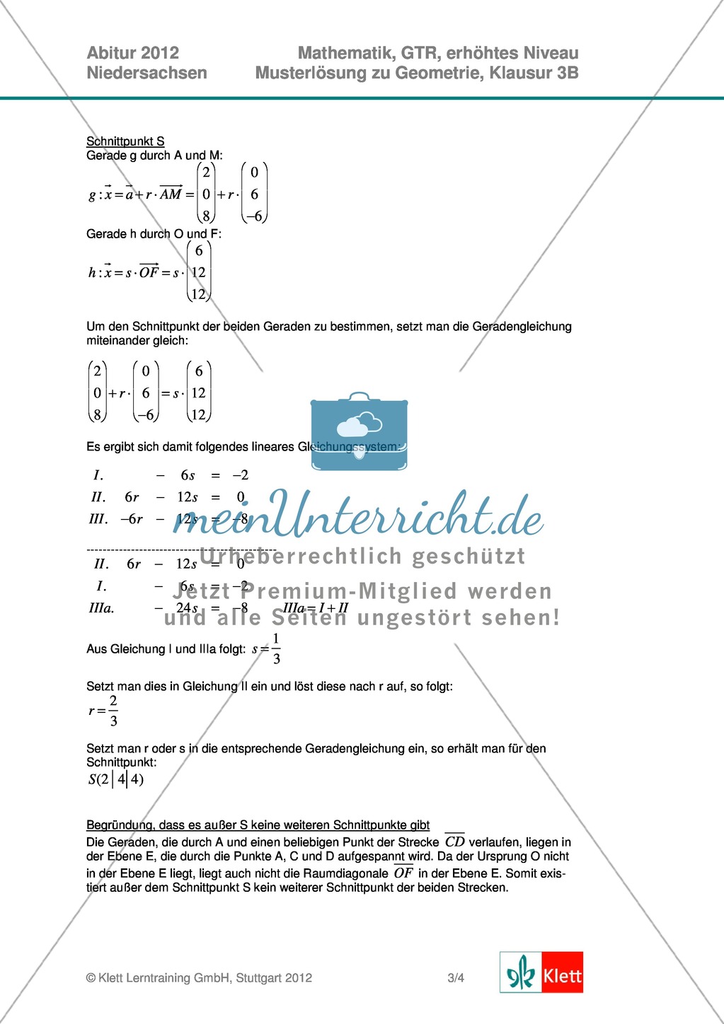 Abituraufgaben Niedersachsen 2012 - Mathematikaufgaben (3B) und deren Musterlösungen zum Thema Geometrie auf erhöhtem Niveau Preview 4