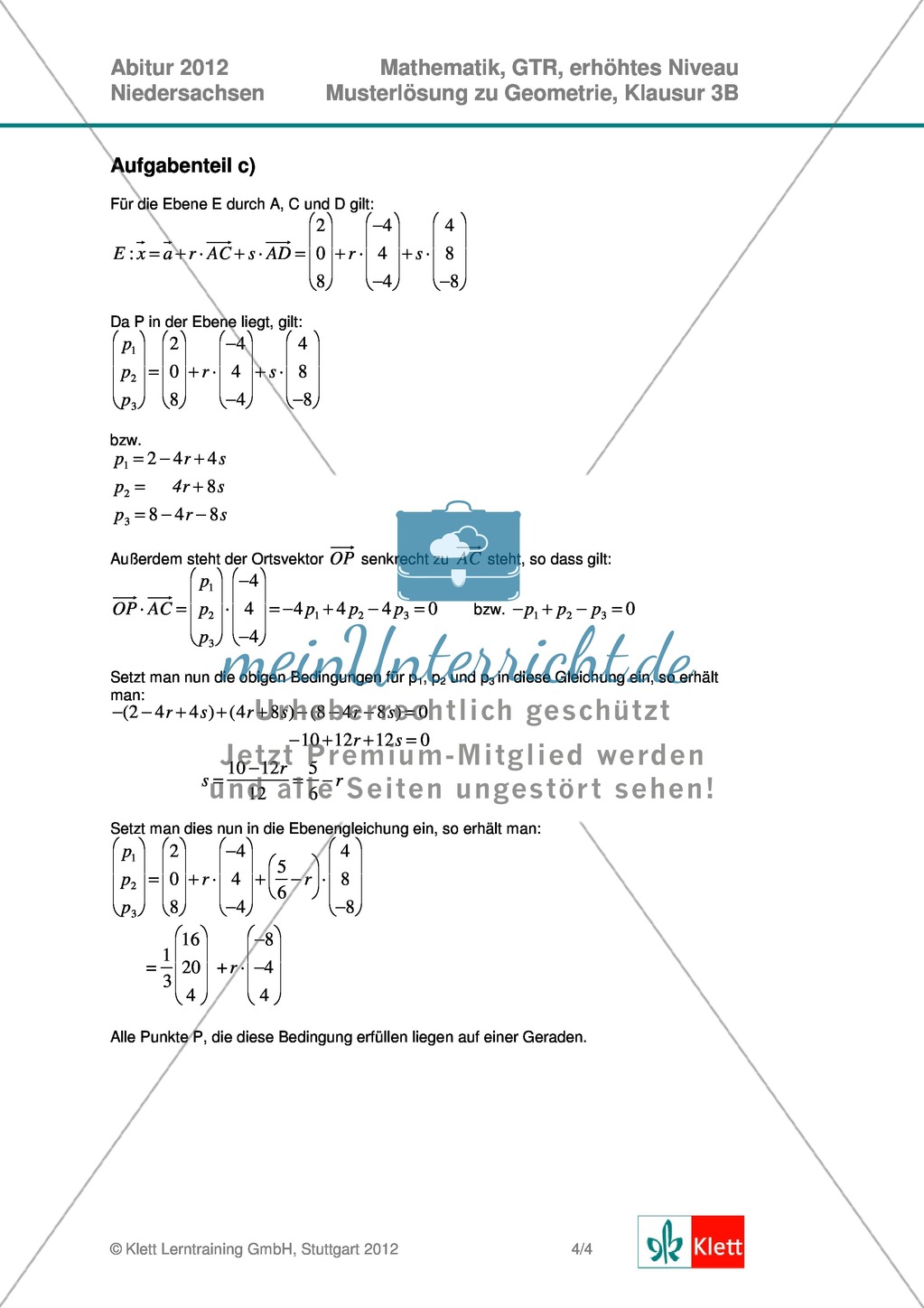 Abituraufgaben Niedersachsen 2012 - Mathematikaufgaben (3B) und deren Musterlösungen zum Thema Geometrie auf erhöhtem Niveau Preview 5