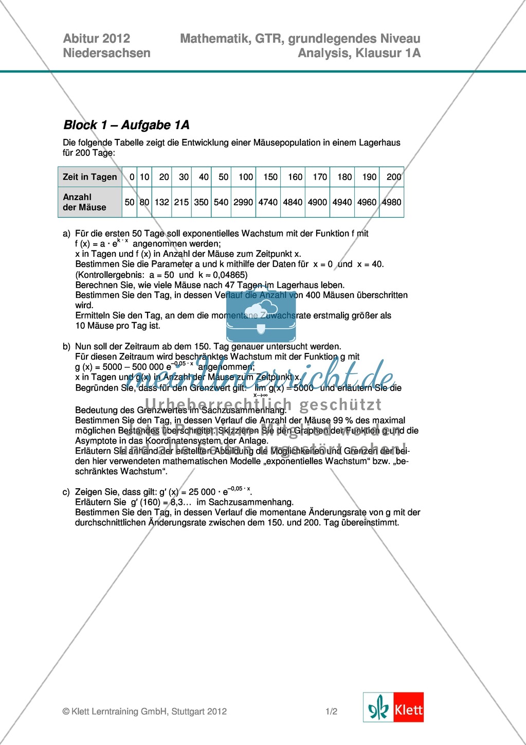 Abituraufgaben Niedersachsen 2012 - Mathematikaufgaben (1A) und deren Musterlösungen zum Thema Analysis auf grundlegendem Niveau Preview 1