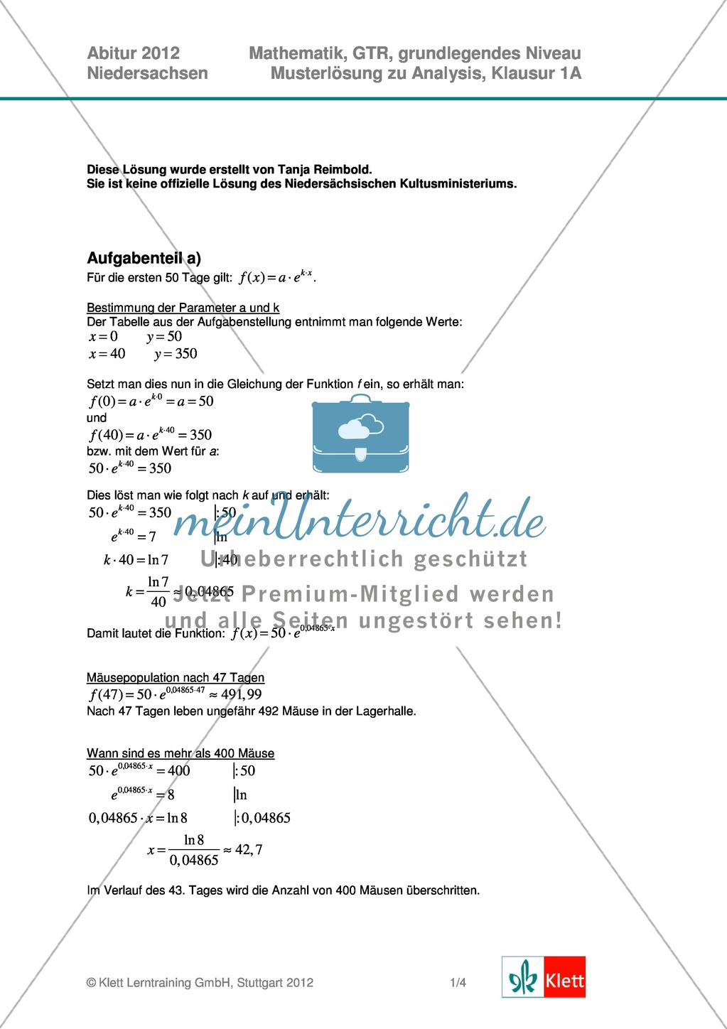 Abituraufgaben Niedersachsen 2012 - Mathematikaufgaben (1A) und deren Musterlösungen zum Thema Analysis auf grundlegendem Niveau Preview 3