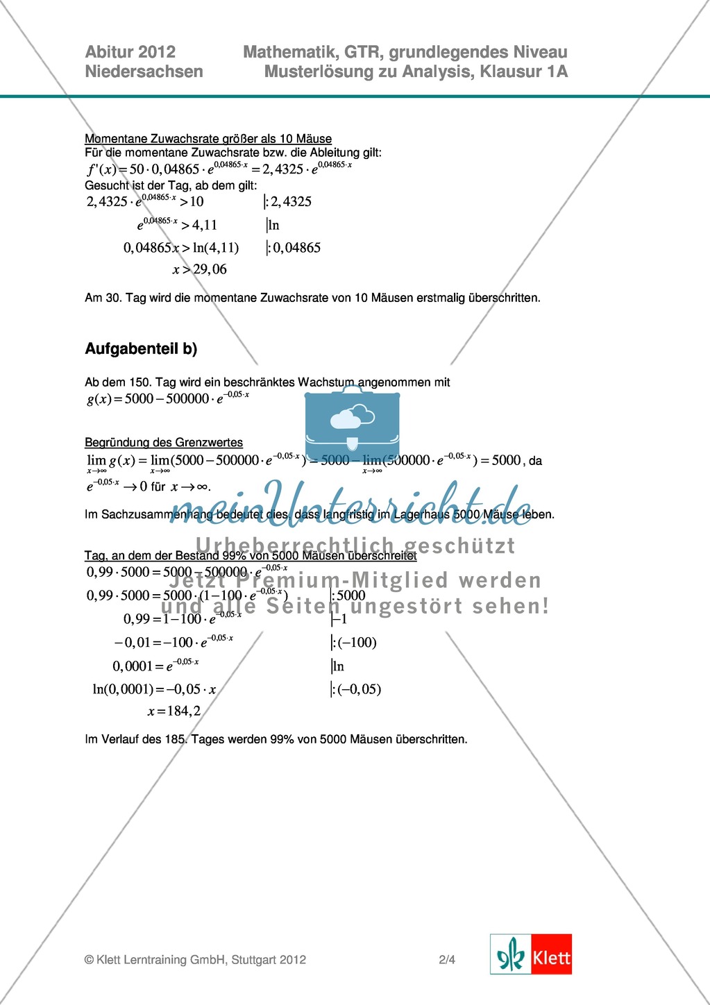 Abituraufgaben Niedersachsen 2012 - Mathematikaufgaben (1A) und deren Musterlösungen zum Thema Analysis auf grundlegendem Niveau Preview 4