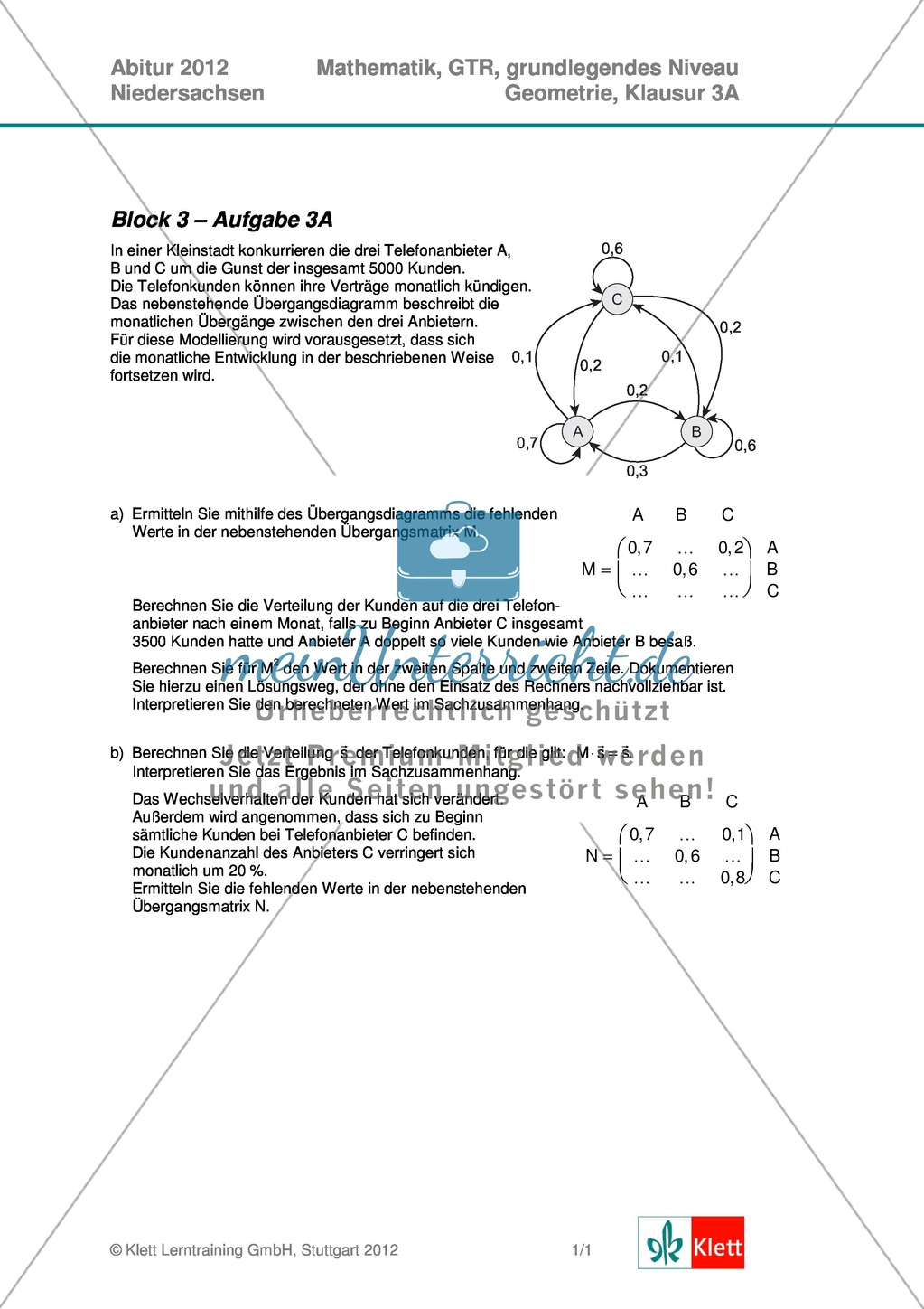 Abituraufgaben Niedersachsen 2012 - Mathematikaufgaben (3A) und deren Musterlösungen zum Thema Geometrie auf grundlegendem Niveau Preview 1