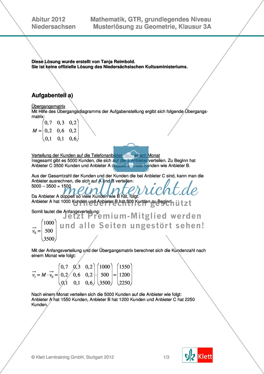 Abituraufgaben Niedersachsen 2012 - Mathematikaufgaben (3A) und deren Musterlösungen zum Thema Geometrie auf grundlegendem Niveau Preview 2