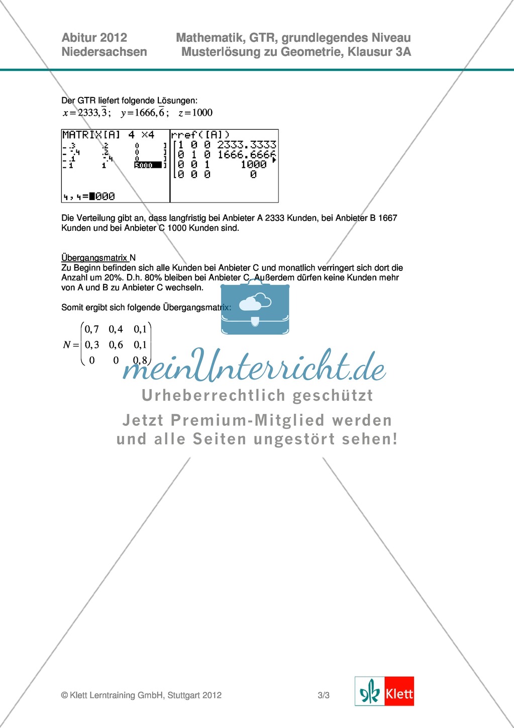 Abituraufgaben Niedersachsen 2012 - Mathematikaufgaben (3A) und deren Musterlösungen zum Thema Geometrie auf grundlegendem Niveau Preview 4