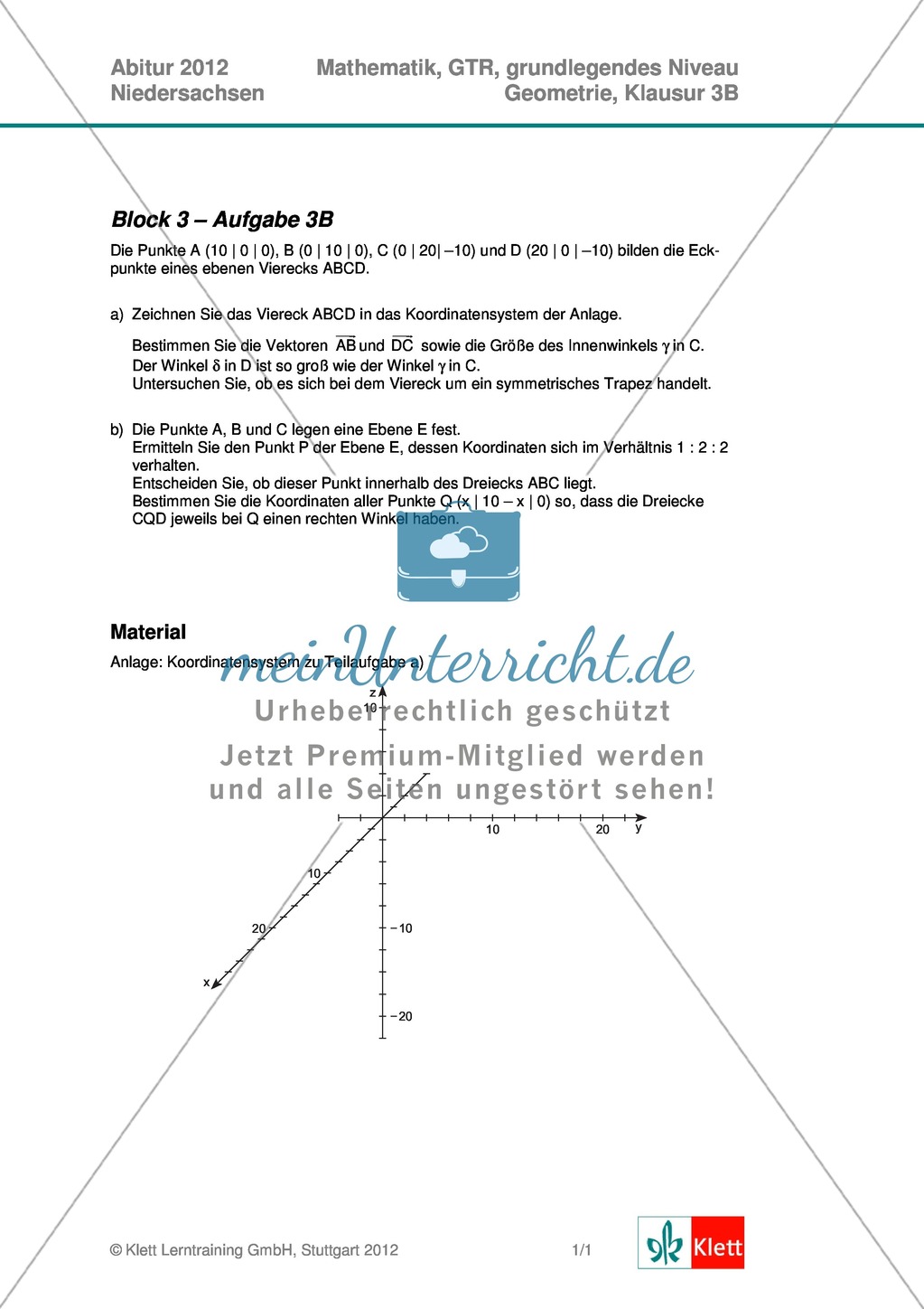 Abituraufgaben Niedersachsen 2012 - Mathematikaufgaben (3B) und deren Musterlösungen zum Thema Geometrie auf grundlegendem Niveau Preview 1