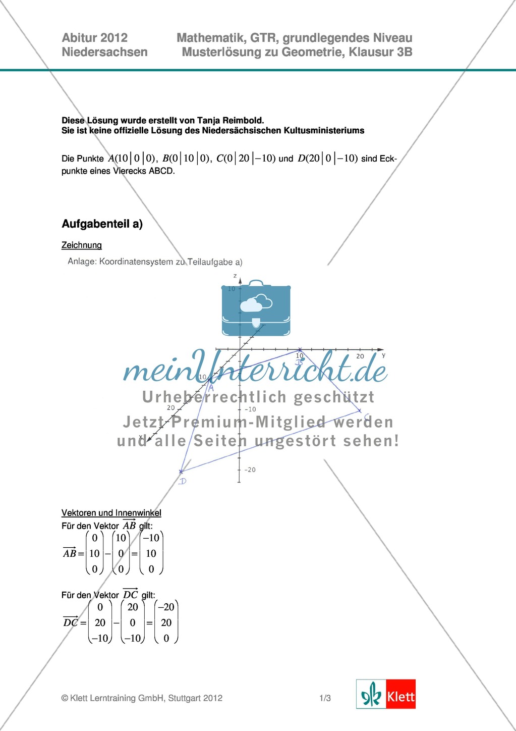 Abituraufgaben Niedersachsen 2012 - Mathematikaufgaben (3B) und deren Musterlösungen zum Thema Geometrie auf grundlegendem Niveau Preview 2
