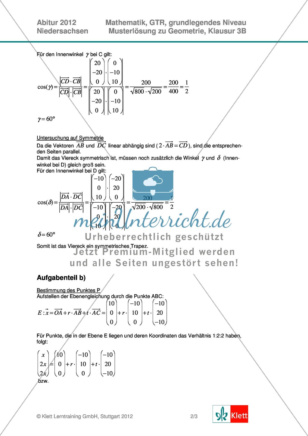 Abituraufgaben Niedersachsen 2012 - Mathematikaufgaben (3B) und deren Musterlösungen zum Thema Geometrie auf grundlegendem Niveau Preview 3