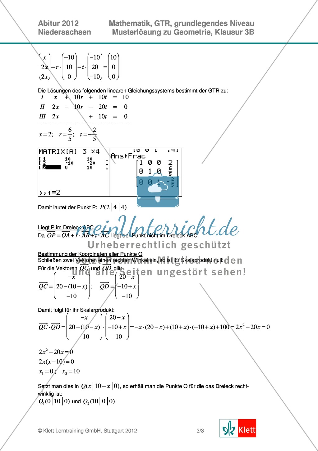 Abituraufgaben Niedersachsen 2012 - Mathematikaufgaben (3B) und deren Musterlösungen zum Thema Geometrie auf grundlegendem Niveau Preview 4