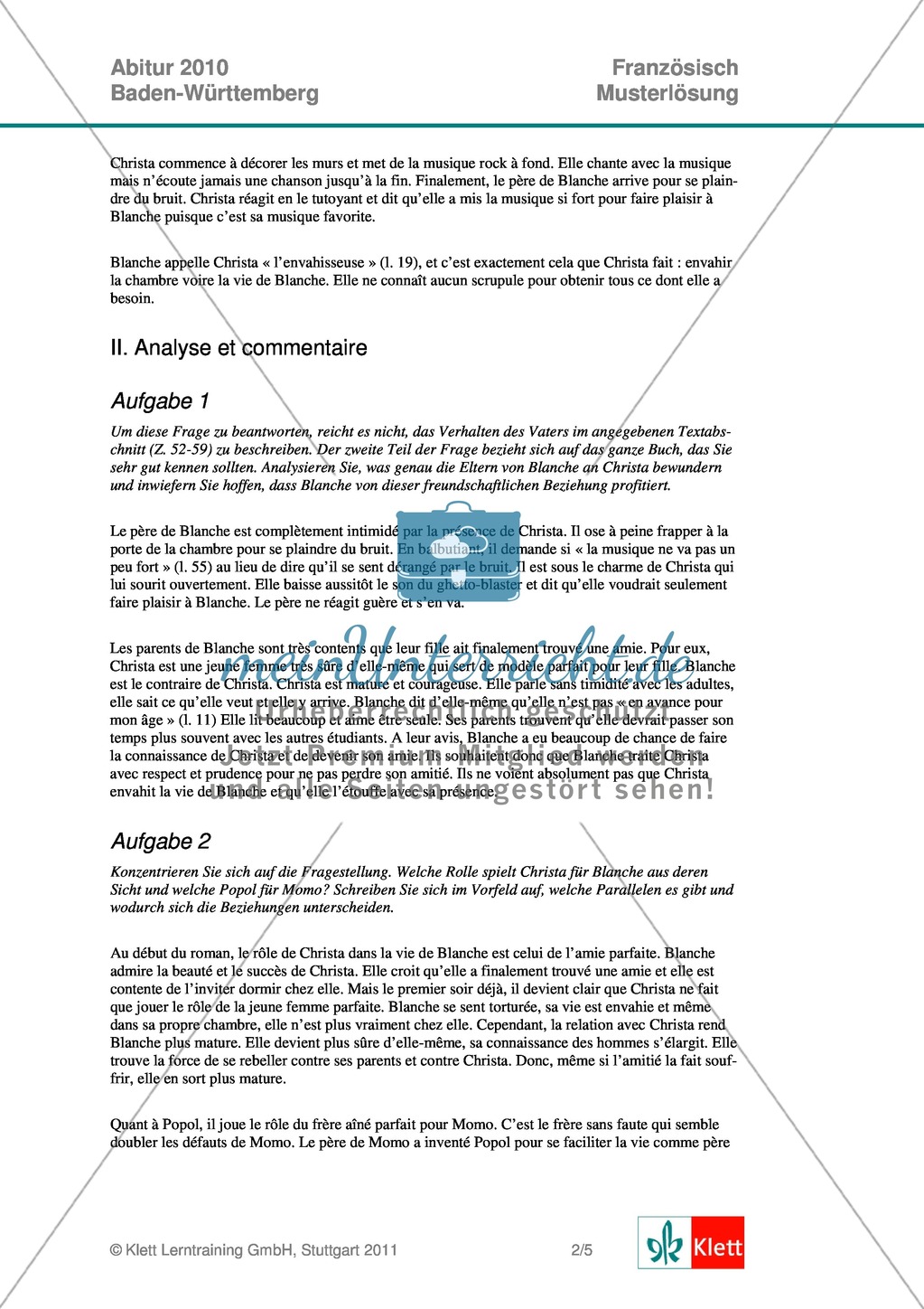 Abituraufgaben Baden-Württemberg 2010 - Musterlösung zu den Aufgaben zum Auszugs aus Amélie Nothomb's
