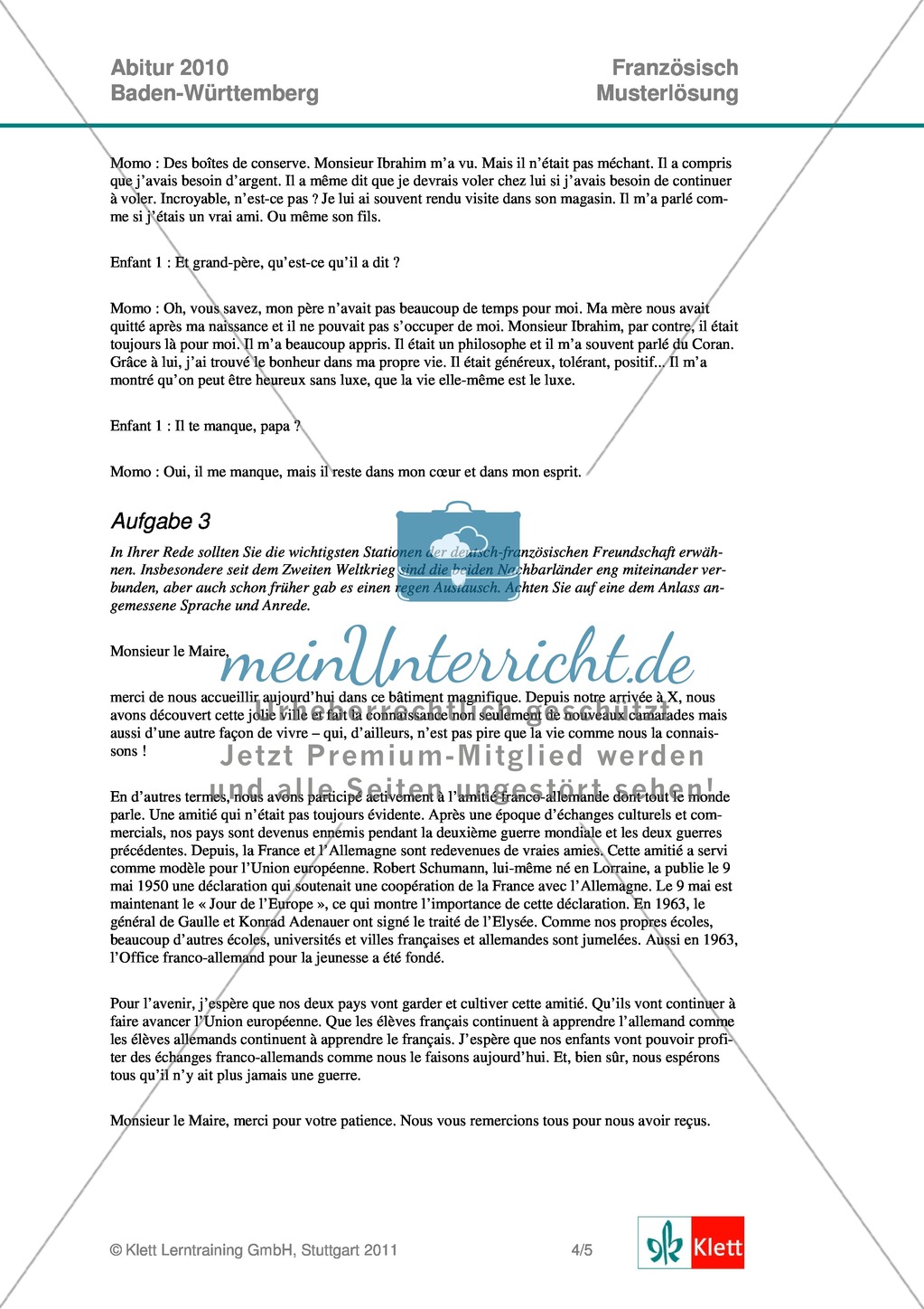 Abituraufgaben Baden-Württemberg 2010 - Musterlösung zu den Aufgaben zum Auszugs aus Amélie Nothomb's