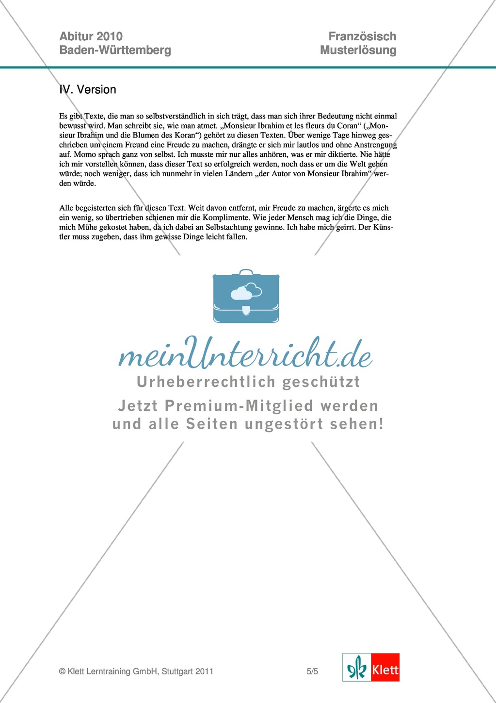 Abituraufgaben Baden-Württemberg 2010 - Musterlösung zu den Aufgaben zum Auszugs aus Amélie Nothomb's