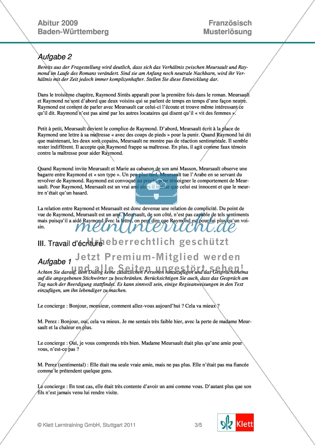 Abituraufgaben Baden-Württemberg 2009 - Musterlösung zu den Aufgaben zu einem Auszugs aus Maurice Bruézière's Roman