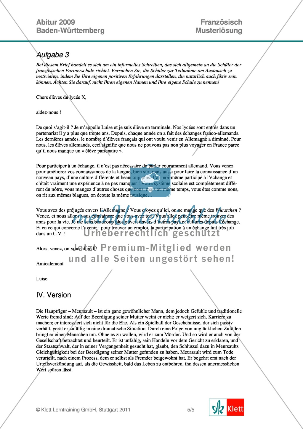 Abituraufgaben Baden-Württemberg 2009 - Musterlösung zu den Aufgaben zu einem Auszugs aus Maurice Bruézière's Roman