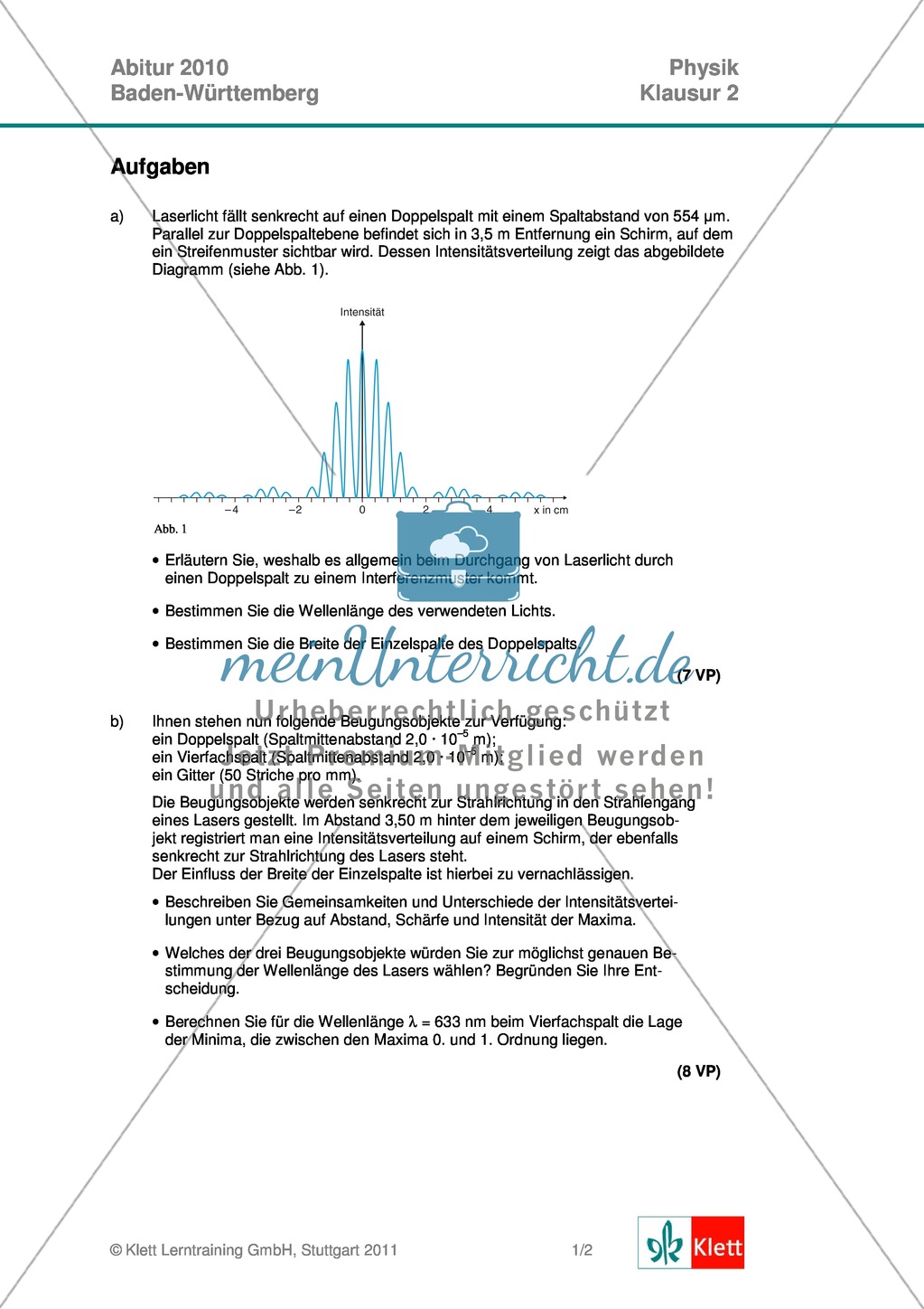 Abituraufgaben Baden-Württemberg 2010 Klausur II: Licht + Musterlösungen für die einzelnen Aufgabenteile Preview 1