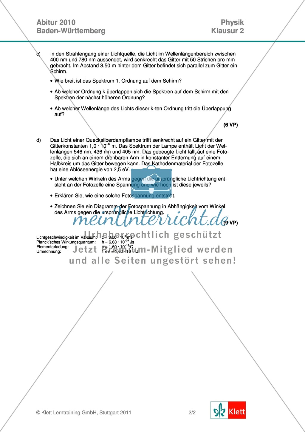 Abituraufgaben Baden-Württemberg 2010 Klausur II: Licht + Musterlösungen für die einzelnen Aufgabenteile Preview 2