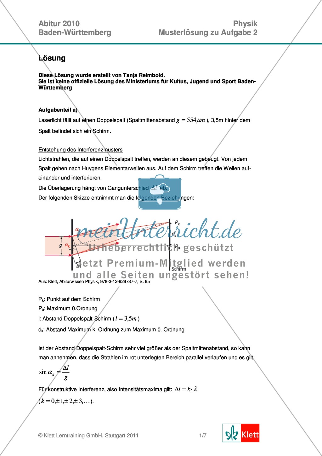 Abituraufgaben Baden-Württemberg 2010 Klausur II: Licht + Musterlösungen für die einzelnen Aufgabenteile Preview 3
