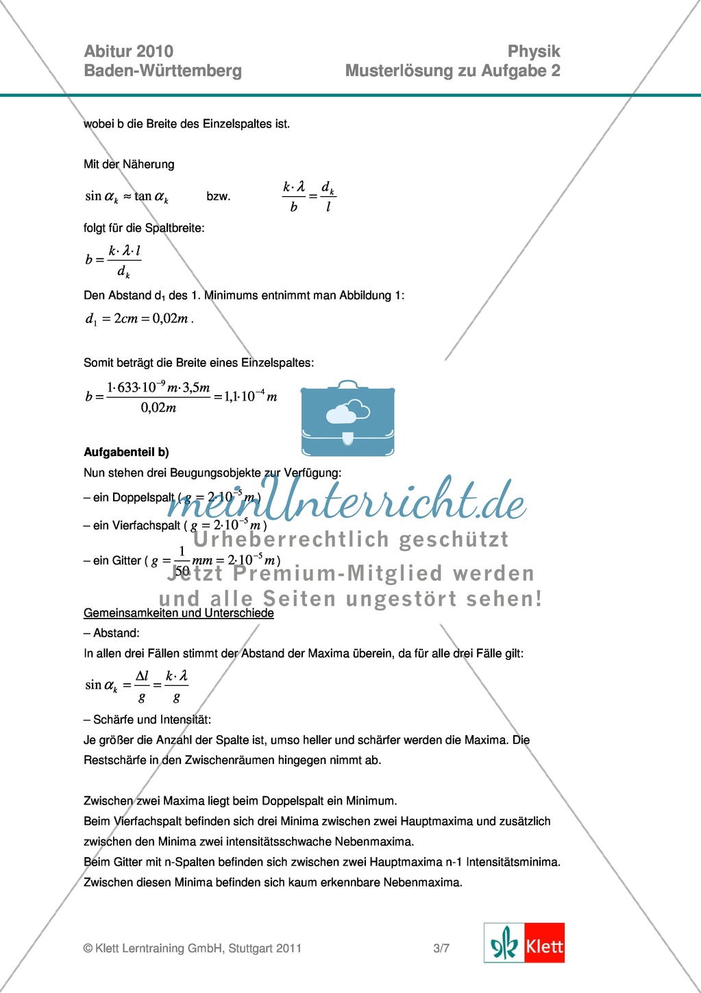 Abituraufgaben Baden-Württemberg 2010 Klausur II: Licht + Musterlösungen für die einzelnen Aufgabenteile Preview 5
