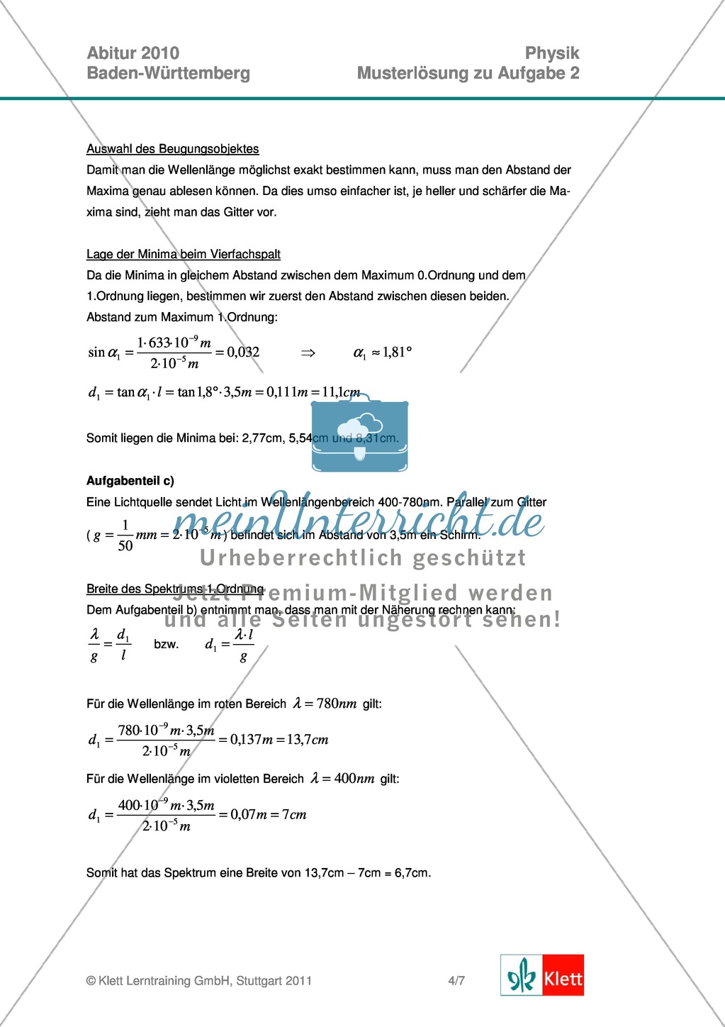 Abituraufgaben Baden-Württemberg 2010 Klausur II: Licht + Musterlösungen für die einzelnen Aufgabenteile Preview 6