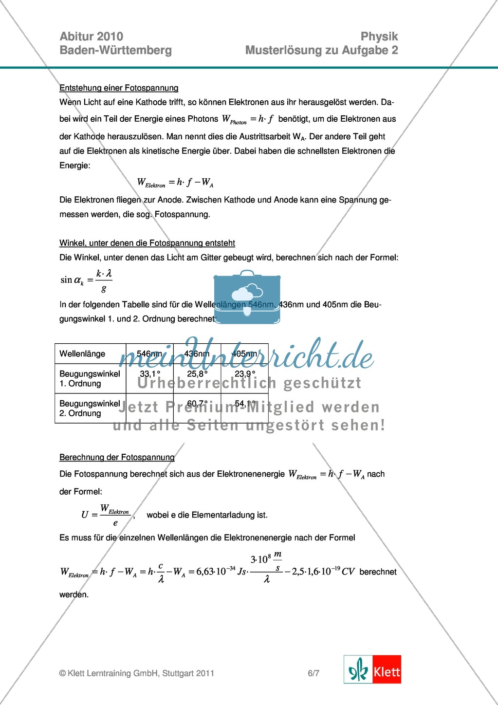 Abituraufgaben Baden-Württemberg 2010 Klausur II: Licht + Musterlösungen für die einzelnen Aufgabenteile Preview 8