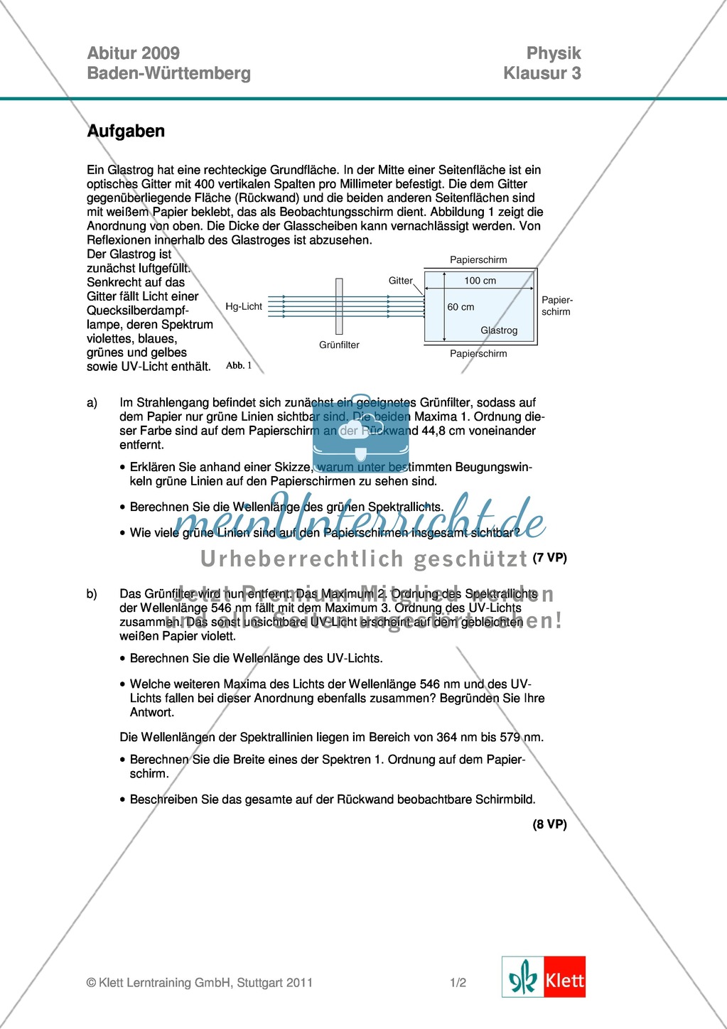 Abituraufgaben Baden-Württemberg 2009 Klausur III: Licht + Musterlösungen zu allen Aufgabenteilen Preview 1