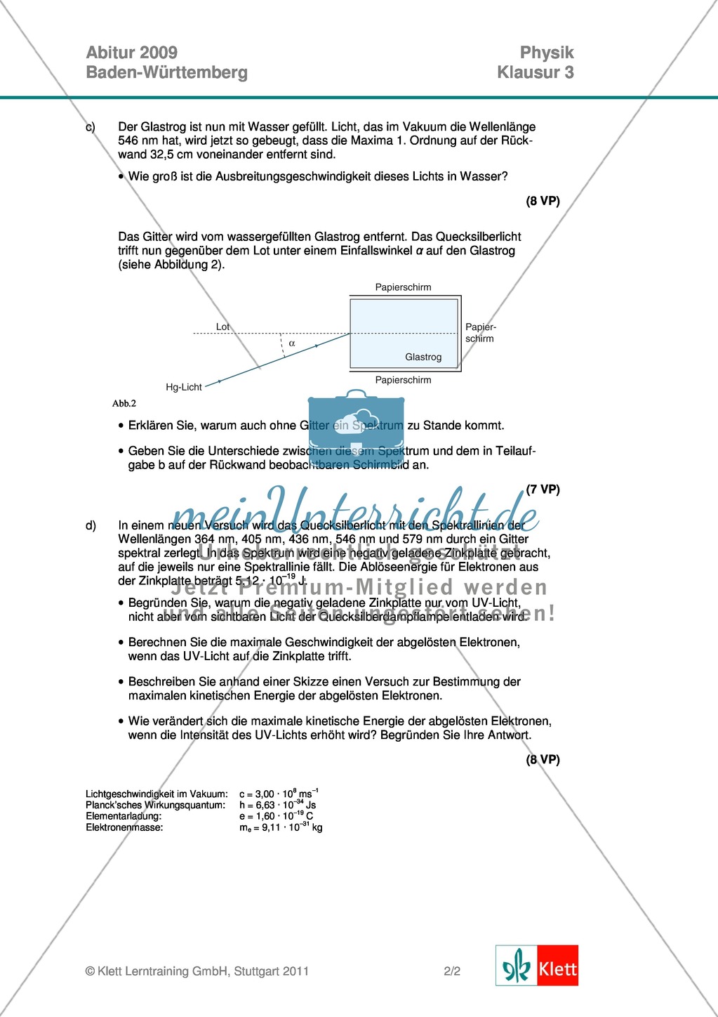 Abituraufgaben Baden-Württemberg 2009 Klausur III: Licht + Musterlösungen zu allen Aufgabenteilen Preview 2