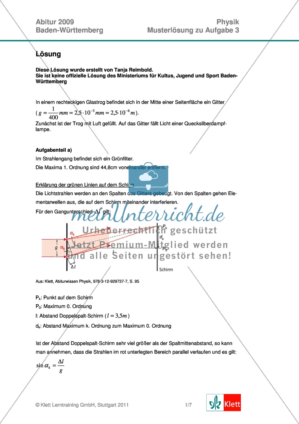 Abituraufgaben Baden-Württemberg 2009 Klausur III: Licht + Musterlösungen zu allen Aufgabenteilen Preview 3