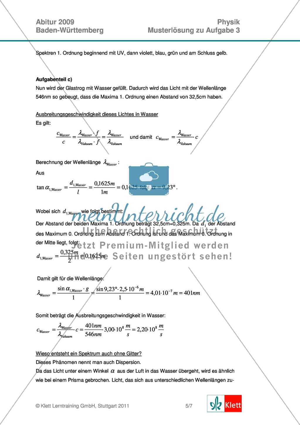Abituraufgaben Baden-Württemberg 2009 Klausur III: Licht + Musterlösungen zu allen Aufgabenteilen Preview 7